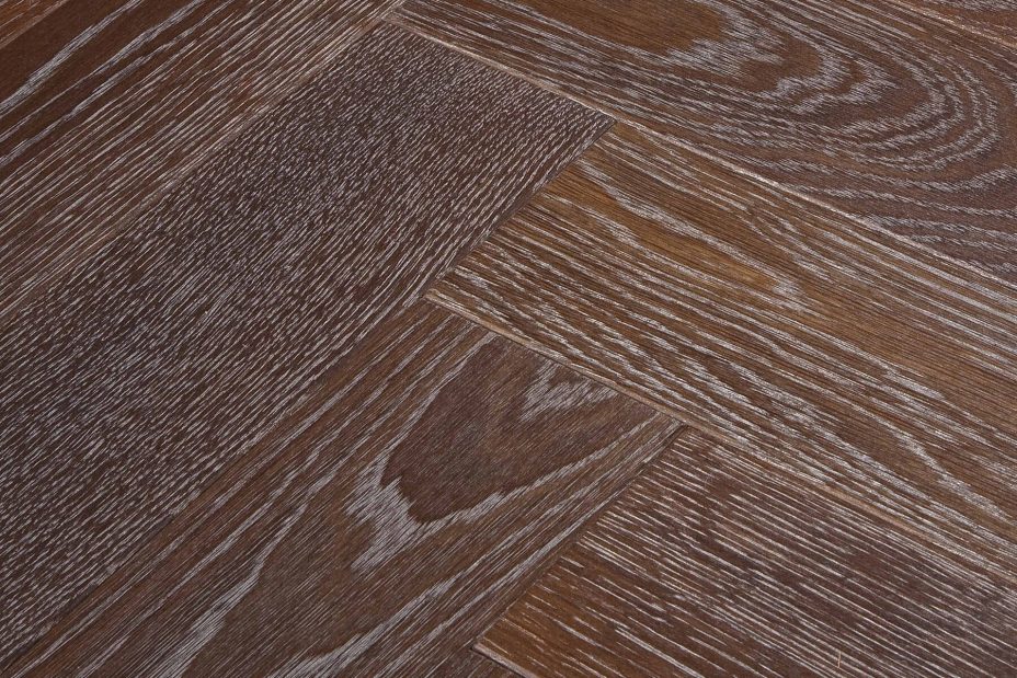 Bespoke dark brown and grey Herringbone engineered parquet wood flooring