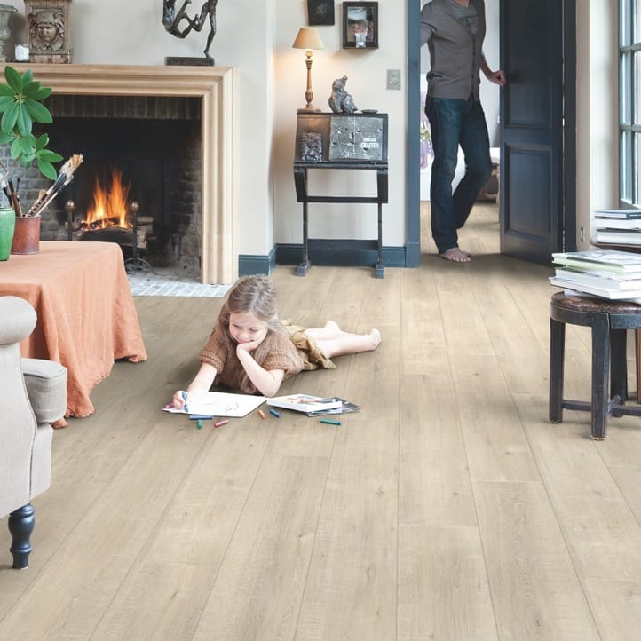 View of Saw Cut Oak Beige IM1857 laminate tile by Quick-Step