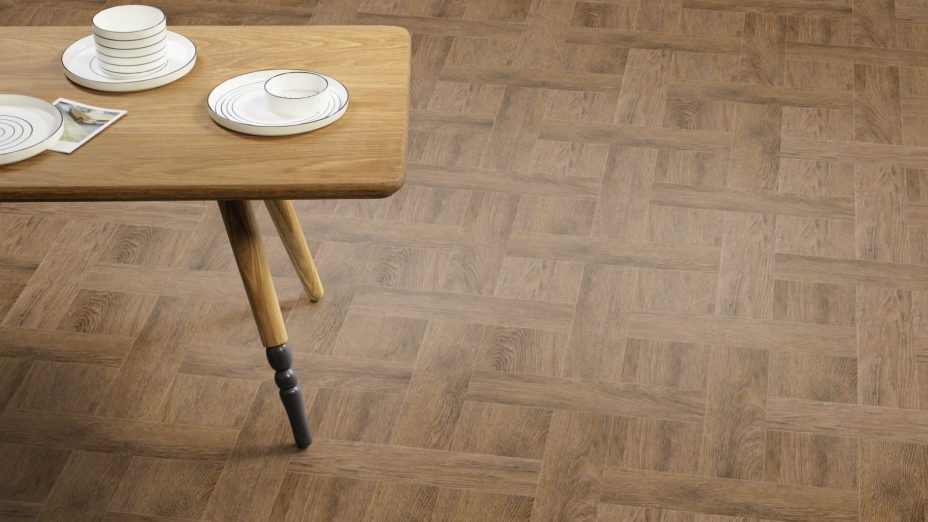 The Basket Weave design of Bordeaux Oak luxury vinyl tile by Amtico