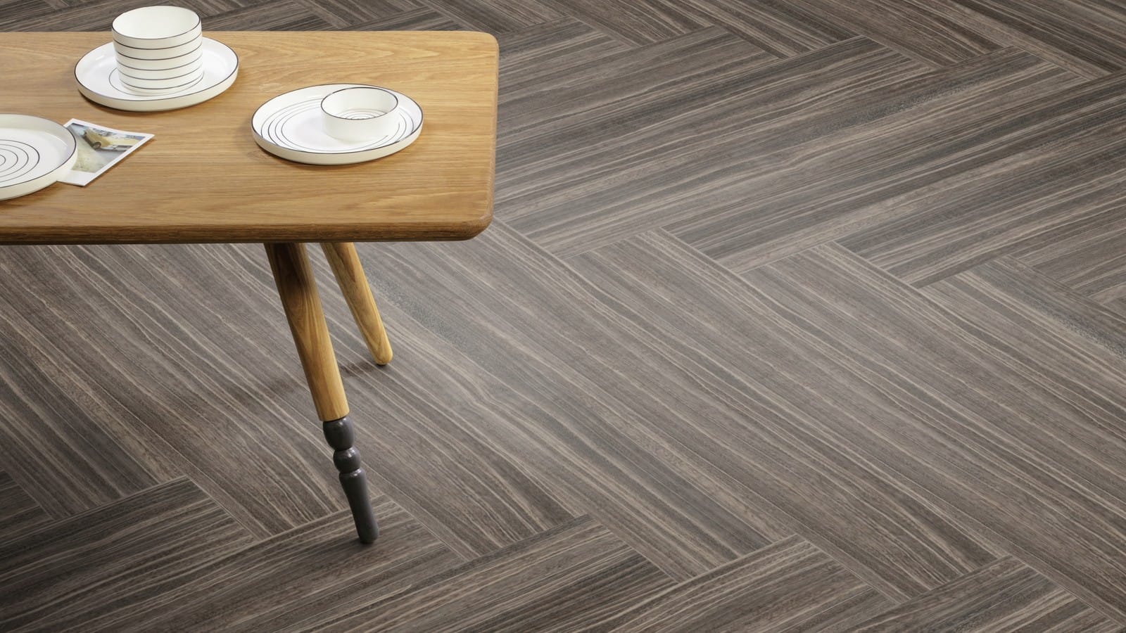 The Herringbone Plank design of Shibori Sencha luxury vinyl tile by Amtico