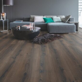 View of Desert Oak Brushed Dark Brown MJ3553 laminate tile by Quick-Step