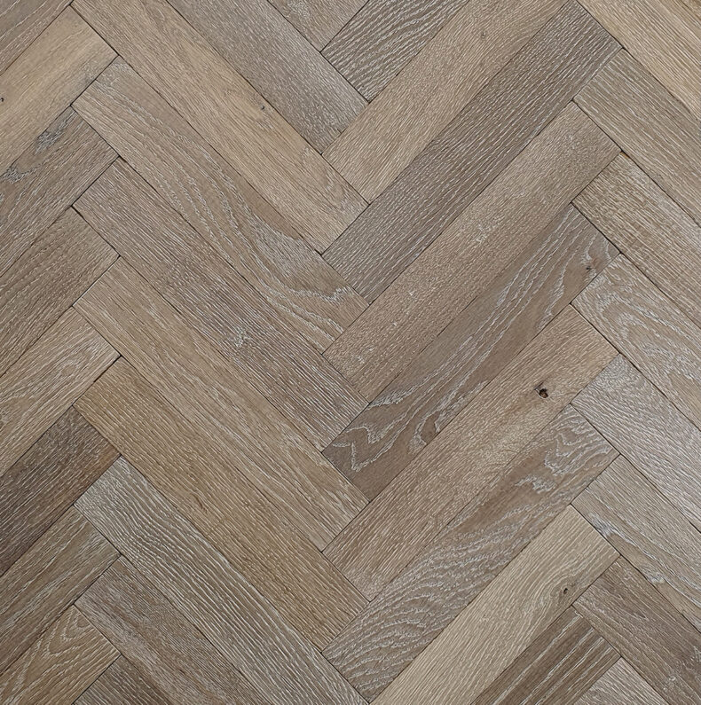 Solid oak herringbone wood flooring named Cathedral Stone