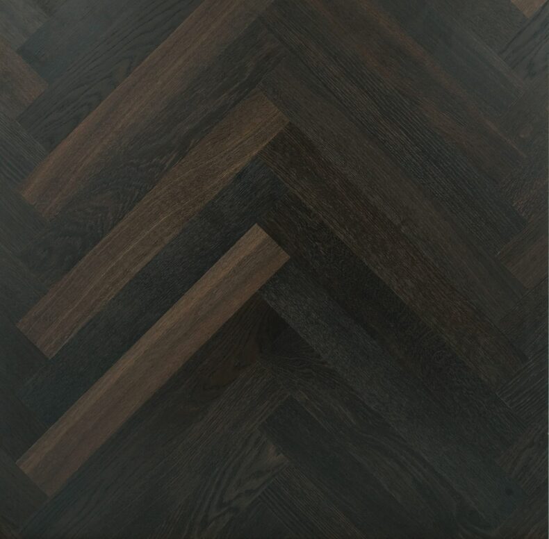 Dark brown engineered parquet wood flooring herringbone select oak finished with lacquer in Surrey