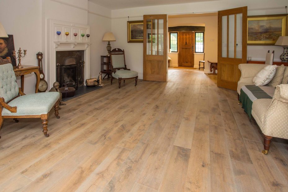 Distressed grey engineered oak wood flooring country grade 190mm wide with splits and character finished with natural oil in Surrey