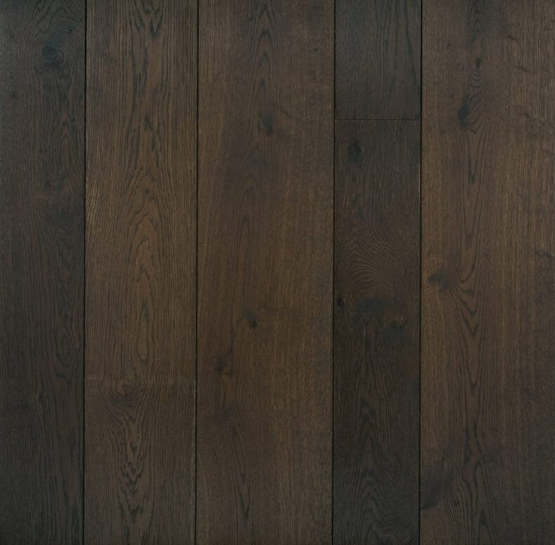 Dark brown engineered oak wood flooring classic grade in three widths 140mm 180mm 220mm wide fumed and finished with natural dark oil in Surrey