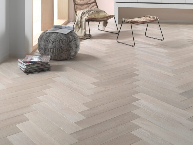 Engineered oak wood flooring named Stockholm Herringbone Mont Blanc