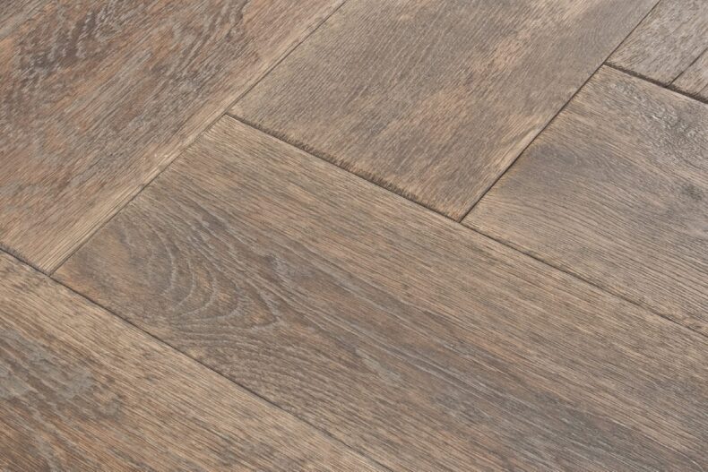 Distressed light grey engineered oak wood flooring country grade 190mm wide with splits and character finished with natural oil in Surrey