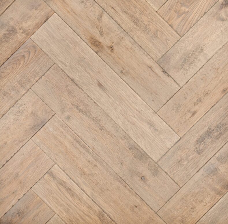Distressed light grey engineered oak wood flooring country grade 190mm wide with splits and character finished with natural oil in Surrey