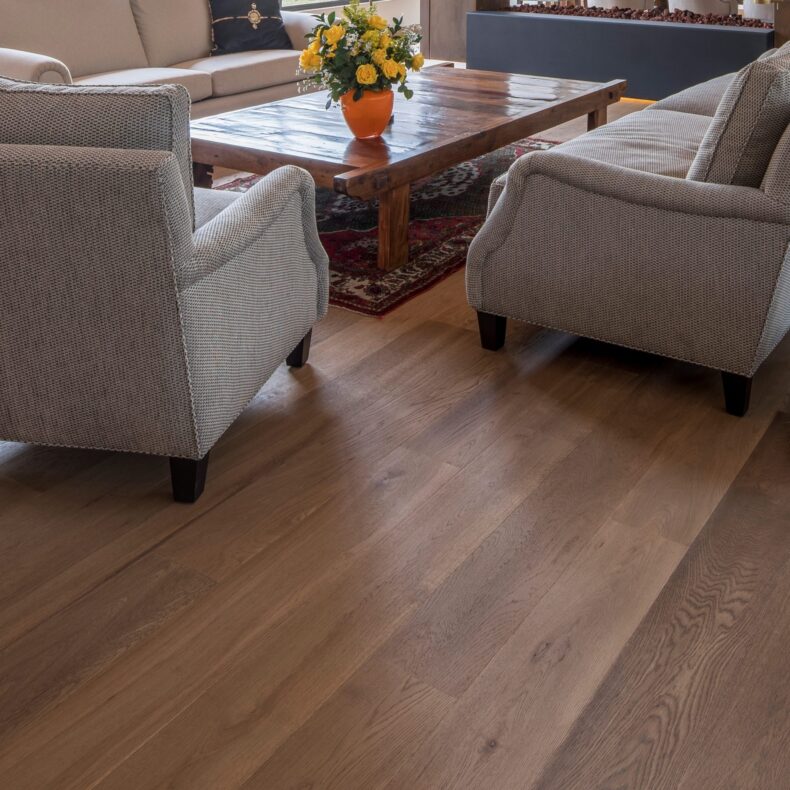 Light brown engineered wood flooring oak classic grade 190mm wide with brushed surface finished with natural oil in Surrey