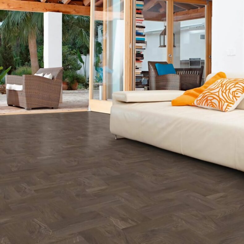 View of Smoked Oak - Parquet luxury vinyl tile by Harvey Maria