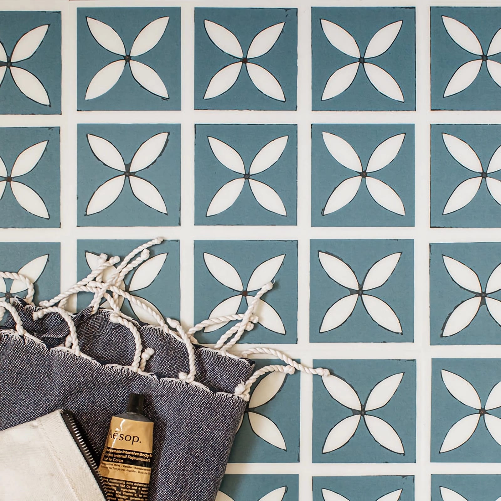 View of Lattice Cornflower Blue luxury vinyl tile by Harvey Maria