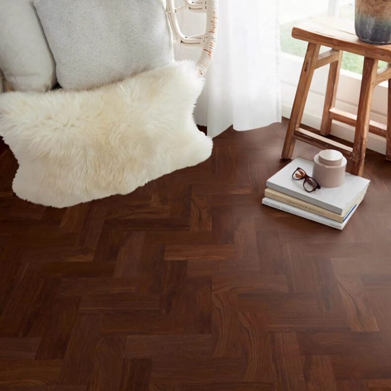 View of Burgundy Oak - Parquet luxury vinyl tile by Harvey Maria