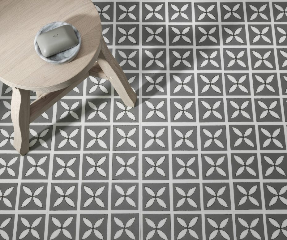 View of Lattice Storm Grey luxury vinyl tile by Harvey Maria