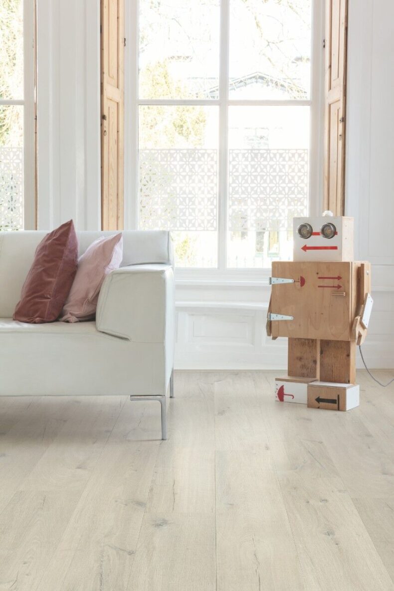 View of Cotton Oak White Blush AVMPU40200 luxury vinyl tile by Quick-Step Livyn
