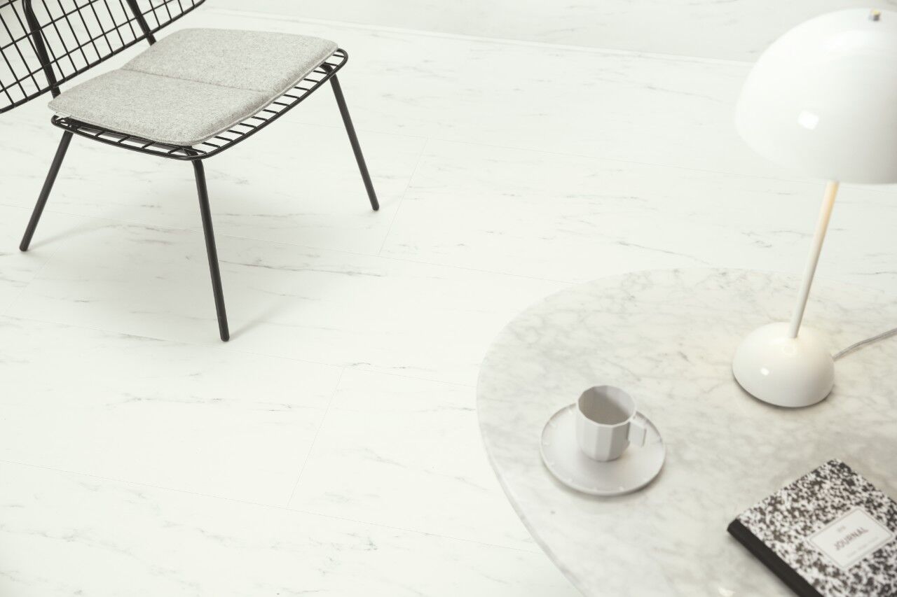 View of Marble Carrara White AVSTU40136 luxury vinyl tile by Quick-Step Livyn
