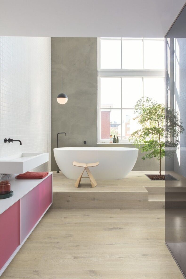 View of Cotton Oak Beige AVMPU40103 luxury vinyl tile by Quick-Step Livyn