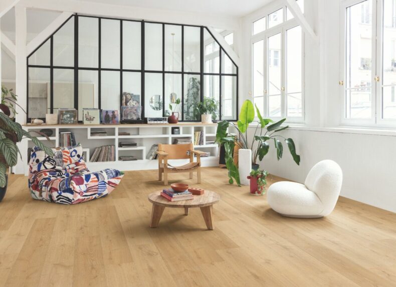 View of Elegant Oak Natural AVMPU40316 luxury vinyl tile by Quick-Step Livyn