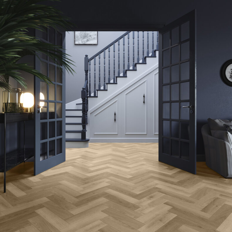 View of Highland Oak - Sunrise Parquet (Maximus) luxury vinyl tile by Invictus