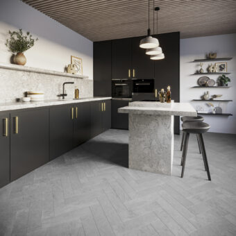 View of Groovy Granite - Steel Parquet (Maximus) luxury vinyl tile by Invictus