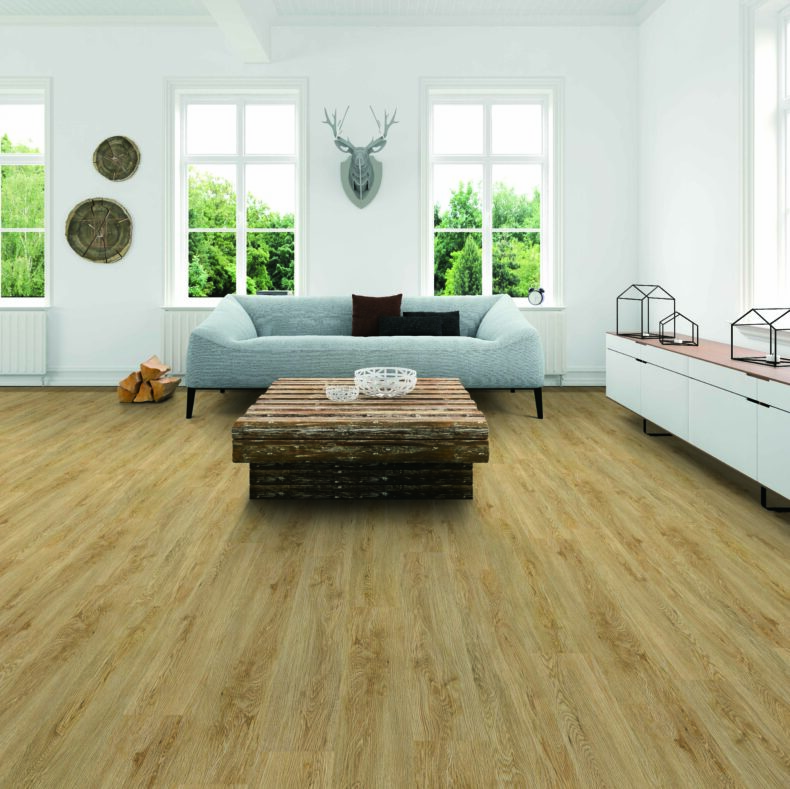 View of Almond Buff 5075615 (Universal 55 Planks) luxury vinyl tile by Victoria Design Floors