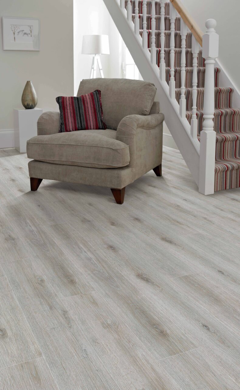 View of Chateau Grey 5062704 (Universal 55 Planks) luxury vinyl tile by Victoria Design Floors