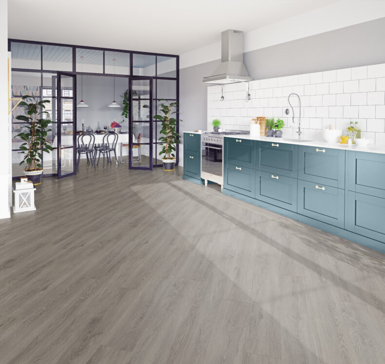 View of Flint Grey 5075601 (Universal 55 Planks) luxury vinyl tile by Victoria Design Floors