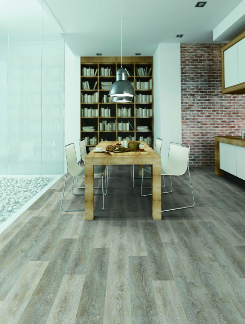 View of Whitecap Grey 5075606 (Universal 55 Planks) luxury vinyl tile by Victoria Design Floors