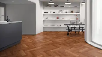 View of Teak Large Parquet luxury vinyl tile by Amtico