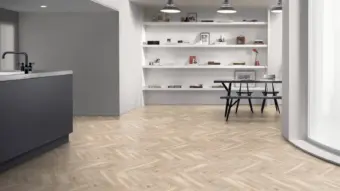 View of Lime Washed Wood Large Parquet luxury vinyl tile by Amtico