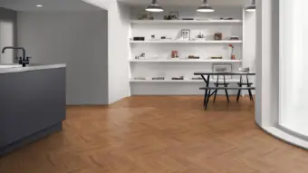 View of Dry Teak Large Parquet luxury vinyl tile by Amtico