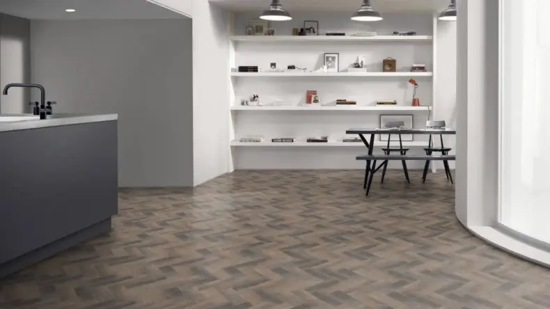 View of Dockland Oak Small Parquet luxury vinyl tile by Amtico