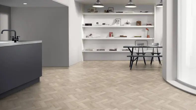 View of Clowes Oak Small Parquet luxury vinyl tile by Amtico