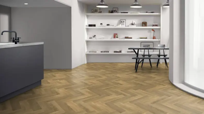 View of Yarncliff Oak Large Parquet luxury vinyl tile by Amtico