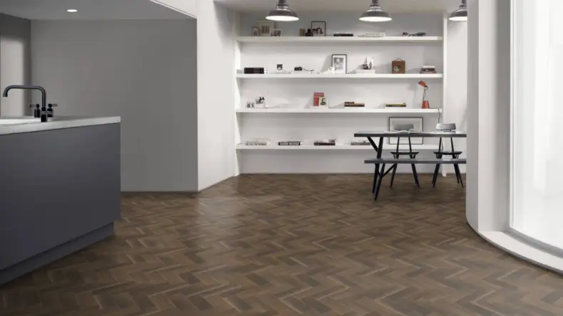 View of Tay Oak Small Parquet luxury vinyl tile by Amtico