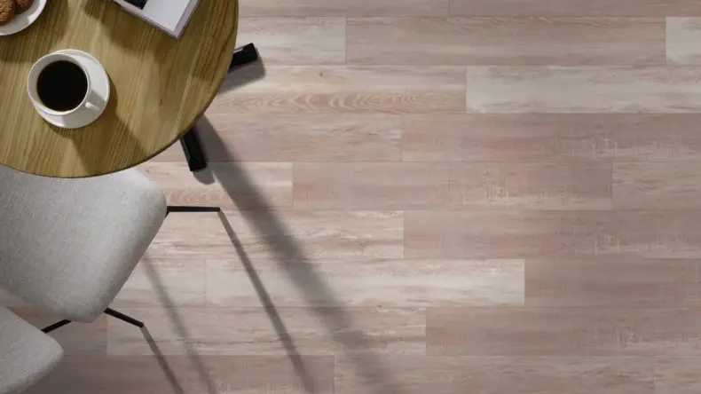 View of Spacia Washed Salvaged Timber Wide Plank luxury vinyl tile by Amtico