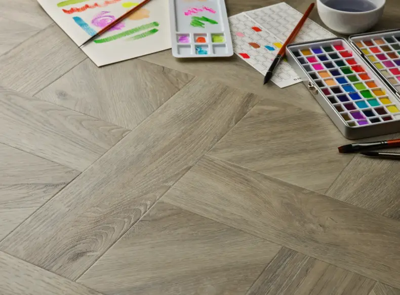 View of Dove Oak (Basketweave) luxury vinyl tile by Elements Inspirations