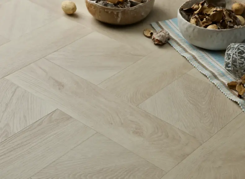 View of White Ash (Basketweave) luxury vinyl tile by Elements Inspirations