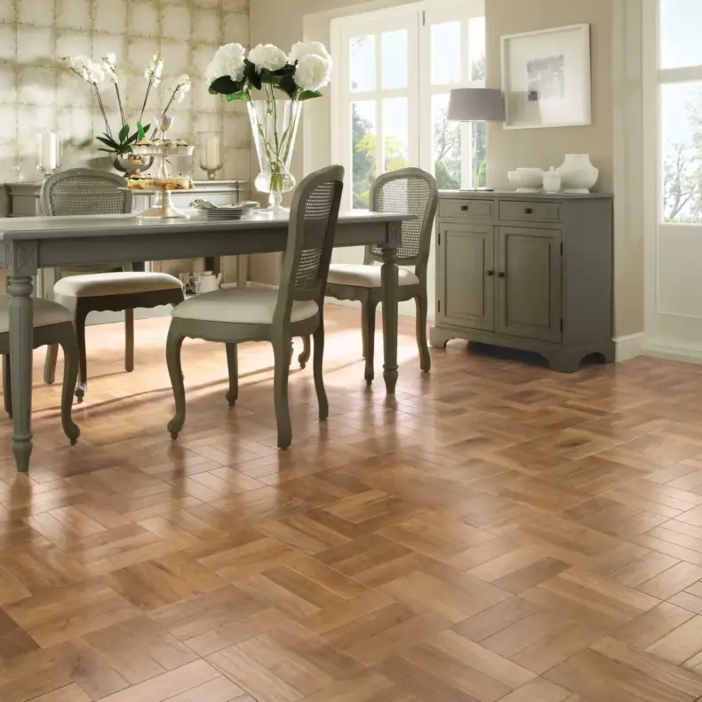 View of AP01 Blond Oak Parquet luxury vinyl tile by Karndean