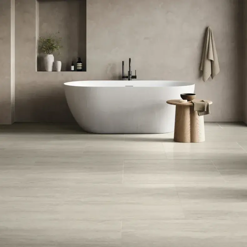 View of LM37 Silk Travertino luxury vinyl tile by Karndean