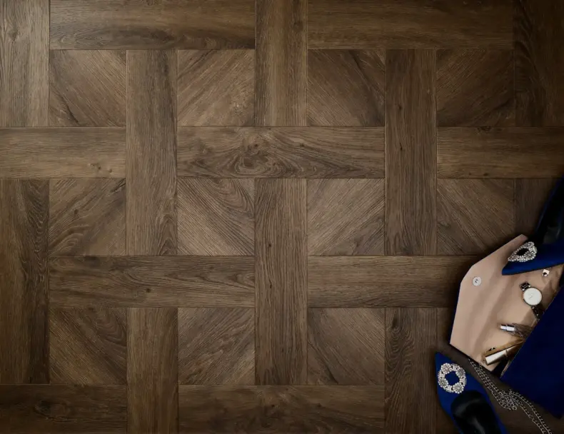 View of Tudor Oak (Basketweave) luxury vinyl tile by Textures LVT