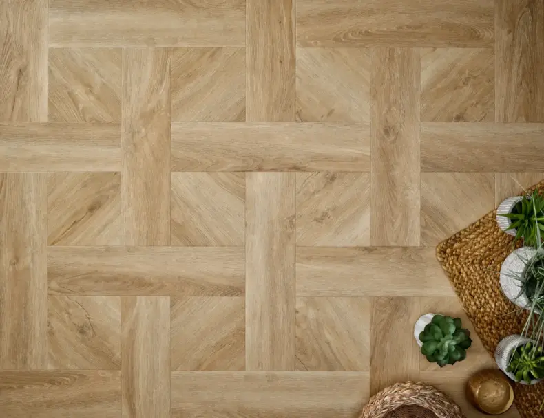View of Washed Oak (Basketweave) luxury vinyl tile by Textures LVT