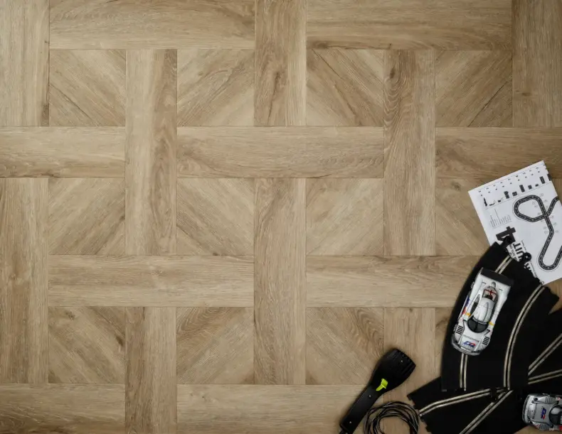 View of Weathered Oak (Basketweave) luxury vinyl tile by Textures LVT
