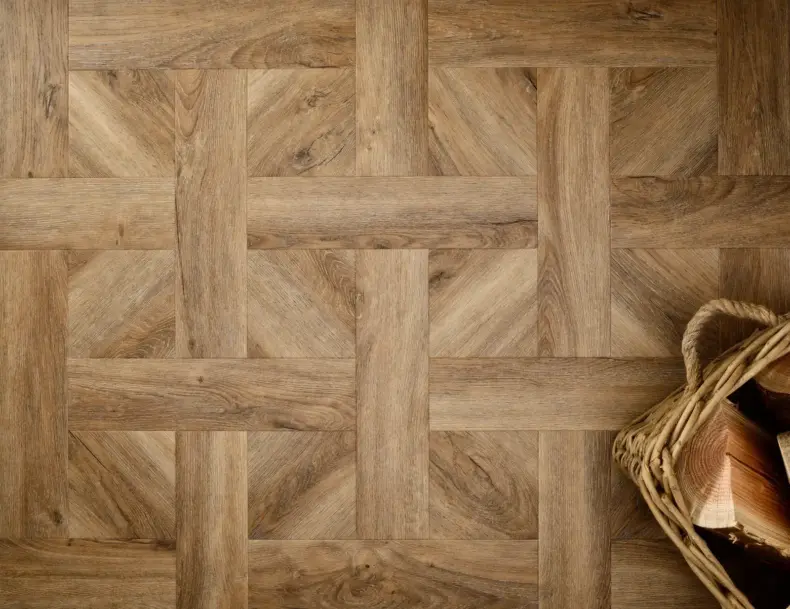 View of Distressed Oak (Basketweave) luxury vinyl tile by Textures LVT