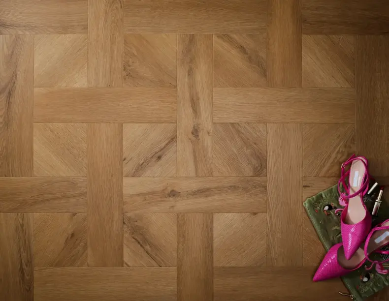 View of Traditional Oak (Basketweave) luxury vinyl tile by Textures LVT